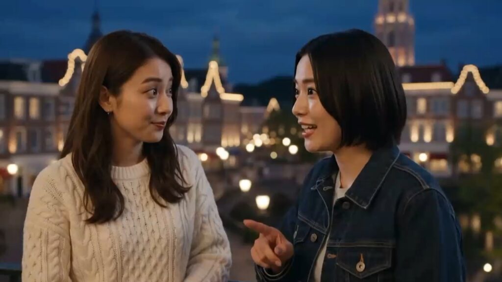 夜のライトアップされた街並みを背景に、楽しそうに会話をする二人の女性。
