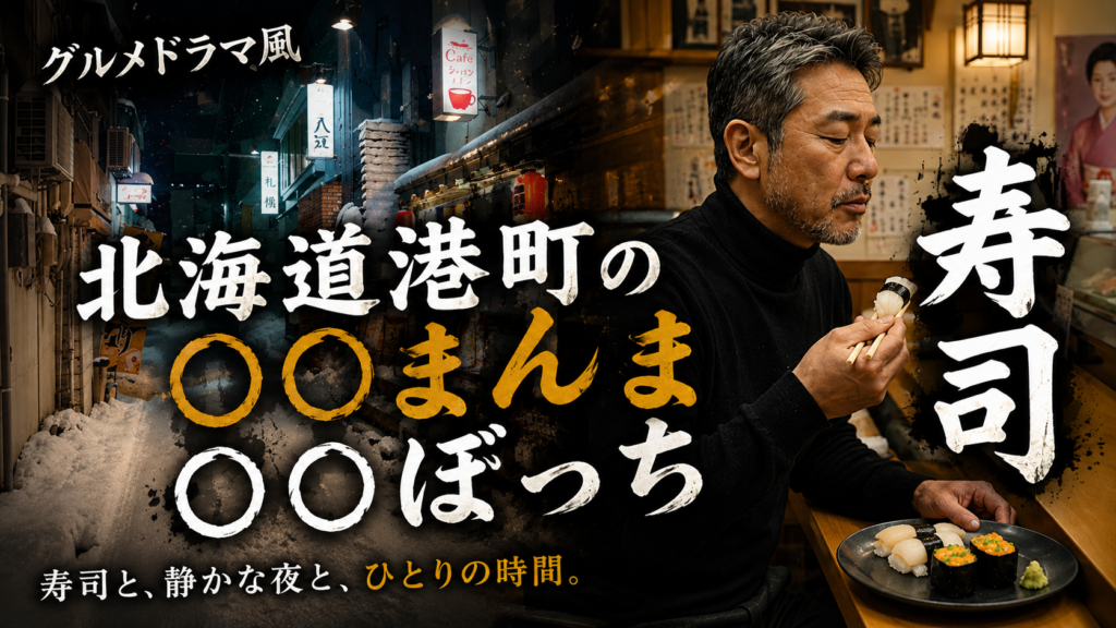 グルメドラマ風 北海道港町の〇〇まんま〇〇ぼっち 寿司。寿司と、静かな夜と、ひとりの時間。寿司屋で一人で寿司を食べる男性。