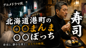 グルメドラマ風 北海道港町の〇〇まんま〇〇ぼっち 寿司。寿司と、静かな夜と、ひとりの時間。寿司屋で一人で寿司を食べる男性。