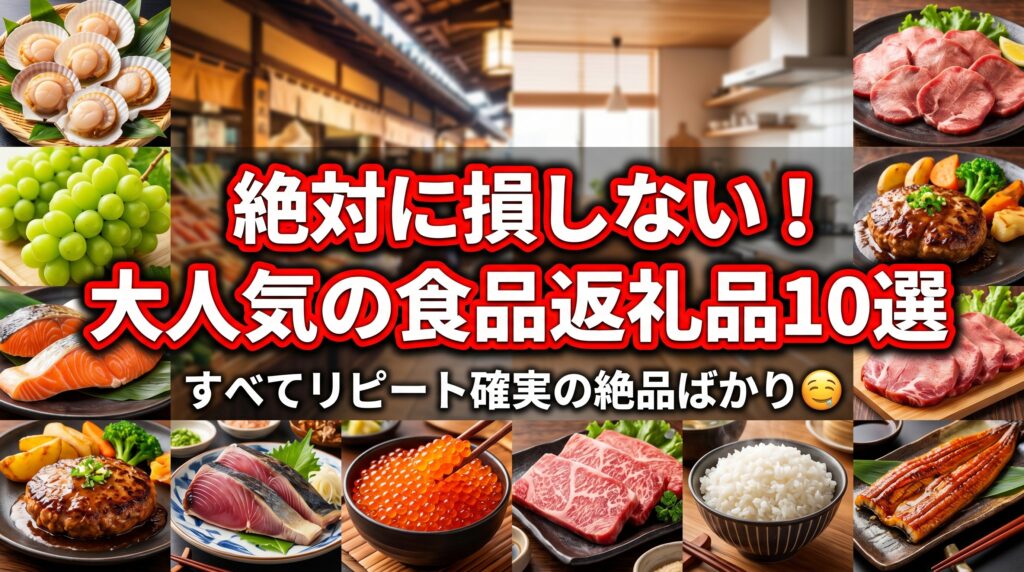 絶対に損しない！大人気の食品返礼品10選。すべてリピート確実の絶品ばかり。肉、魚介、果物などの食品写真のコラージュ。