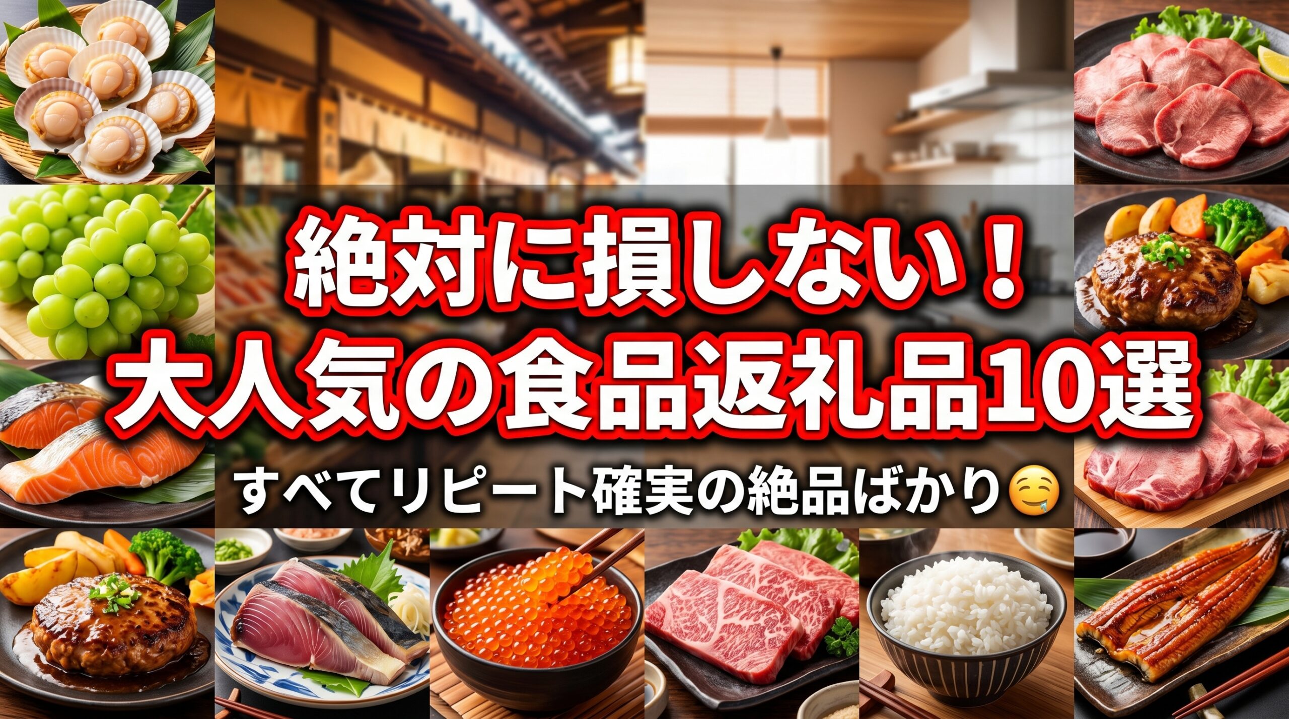 絶対に損しない！大人気の食品返礼品10選。すべてリピート確実の絶品ばかり。肉、魚介、果物などの食品写真のコラージュ。