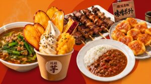 川越の芋ソフトクリーム、秩父名物の味噌ポテト、焼き鳥、カレー、ラーメンなどの多彩な料理のコラージュ。
