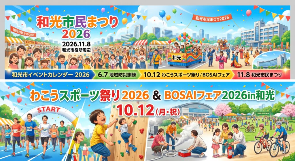 和光市イベントカレンダー2026。6月7日地域防災訓練、10月12日わこうスポーツ祭り＆BOSAIフェア、11月8日和光市民まつりの開催案内。