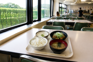 明るい食堂の窓際の席に置かれた、ご飯、味噌汁、煮物、とろろの定食。